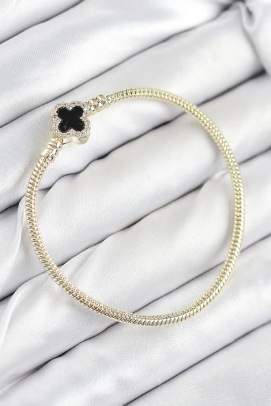 Pirinç Charm Zirkon Taşlı Yonca Model Gold Renk Kadın Bileklik 5886 ürün görseli 1
