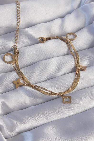 316L Çelik Gold Renk Çift Zincir Yonca Tasarım Bileklik 5886 ürün görseli 1
