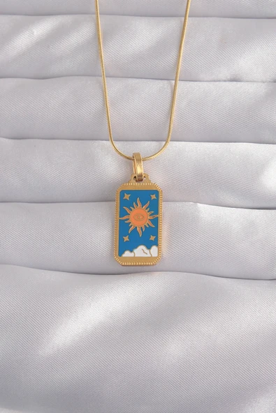 316L Çelik Gold Renk Mavi Mineli Güneş Model Tarot Kolye 5886 ürün görseli 1