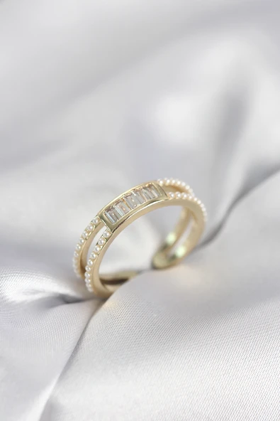 Baget Zirkon Taşlı Gold Renk İncili Kadın Yüzük 5886 ürün görseli 1