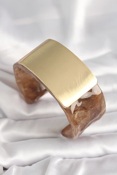 Kahverengi Mermer Desen Akrilik Platik Gold Dikdörtgen Plaka Model Vintage Kadın Bilezik 5886 ürün görseli 1