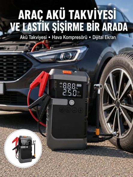 Araç İçin 4 Fonksiyonlu Akü Takviye ve Lastik Şişirme Cihazı Yeni Nesil ürün görseli 1