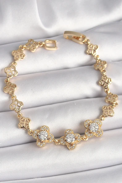 Pirinç Gold Renk Zirkon Taşlı Yonca Model Kadın Bileklik 5886 ürün görseli 1