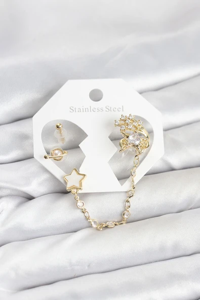 Pirinç Gold Renk Yıldız Model Zincir Bağlantılı Ear Cuff Küpe Seti 5886 ürün görseli 1