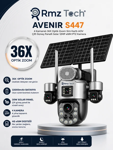 Avenir S447 12MP 4 Kameralı 36X Optik Zoom 4G eSIM Sim Kartlı Çift Solar Panelli PTZ Güvenlik Kamera ürün görseli 1