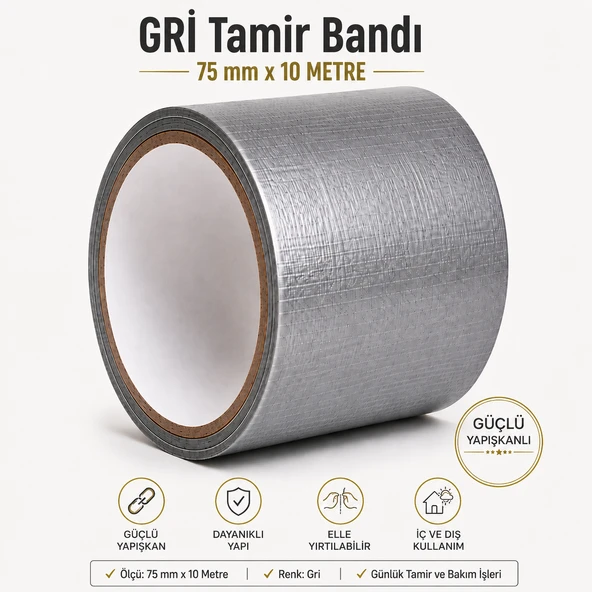 Gri Tamir İzolasyon Bandı 75 Mm X 10 Metre Genel Duct Tape Su Geçirmez Sızdırmazlık Takviye Bantları ürün görseli 1