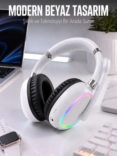 Kablosuz Bluetooth Mikrofonlu Beyaz Kulaklık  RGB Işıklı ürün görseli 1