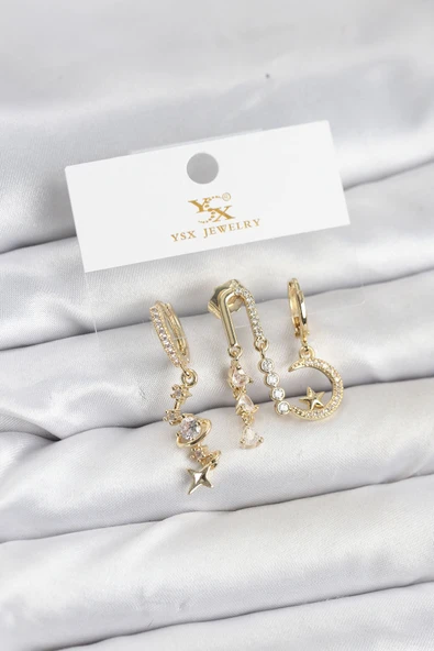 Pirinç Gold Renk Zirkon Taşlı Uzay Model YSX Trio Küpe Seti 5886 ürün görseli 1