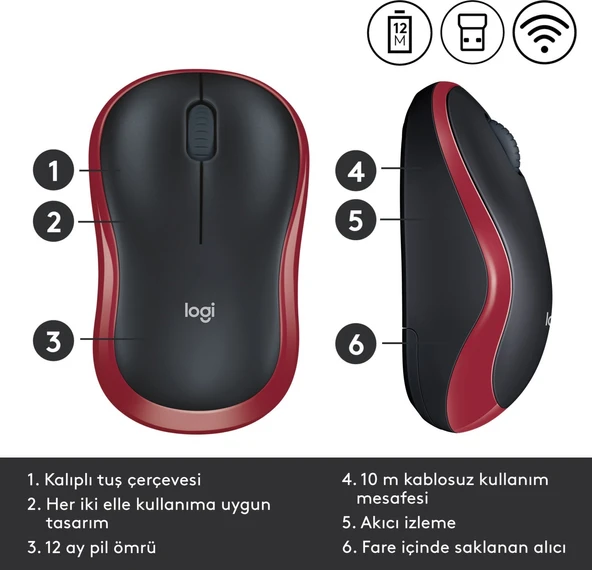 Logitech M185 (910-002237) Kırmızı Kablosuz Mouse - Resim 4