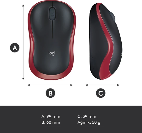 Logitech M185 (910-002237) Kırmızı Kablosuz Mouse - Resim 9