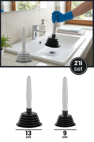2'li Körüklü Vantuz Pompa Seti, Büyük + Küçük Mutfak Banyo Lavabo Küvet Gider Açıcı El Pompası Siyah ürün görseli 1