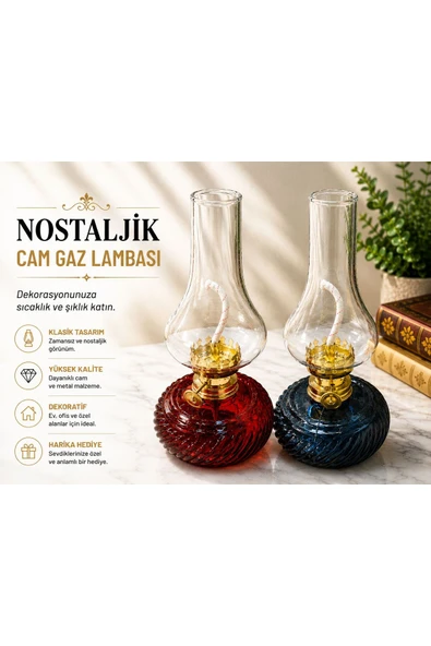 Nostaljik Cam Gaz Lambası / Dekoratif Nostaljik Cam Gaz Lambası İkili Set / Kırmızı - Lacivert ürün görseli 1