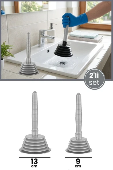 2'li Körüklü Vantuz Pompa Seti, Büyük + Küçük Mutfak Banyo Lavabo Küvet Gider Açıcı El Pompası Gri ürün görseli 1