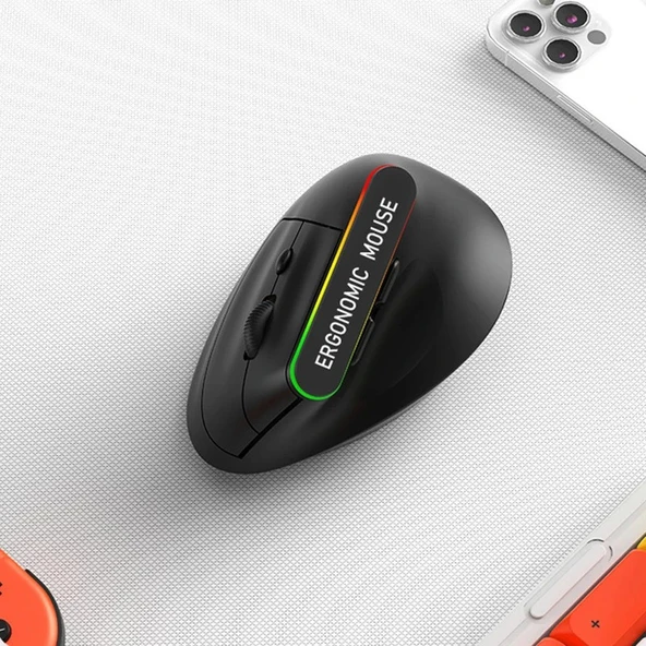 Monozone Ergonomik Kablosuz Mouse RGB Işıklı Bluetooth Dikey Duruş Tasarımı Taşınabilir Sessiz BT+2.4G Çift Modlu Ofis Oyun Evrensel Kullanım İçin ürün görseli 1