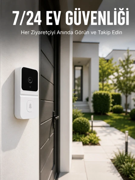 Kablosuz Beyaz Akıllı Kapı Zili Wi-Fi Bağlantılı HD Kameralı Ev Güvenlik Sistemi ürün görseli 1