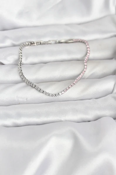 Pembe ve Beyaz Zirkon Taşlı Gümüş Renk Su Yolu Kadın Bileklik ürün görseli 1