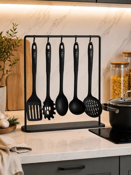 5 Parça Siyah Mutfak Servis Seti - Isıya Dayanıklı Kepçe Spatula Kaşık Hazırlık Seti ürün görseli 1
