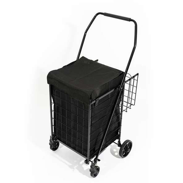 4 Tekerlekli 60 L Katlanabilir Kılıflı Pazar Arabası - 360° Dönebilen Metal İskeletli Siyah Alışveriş Arabası ürün görseli 1