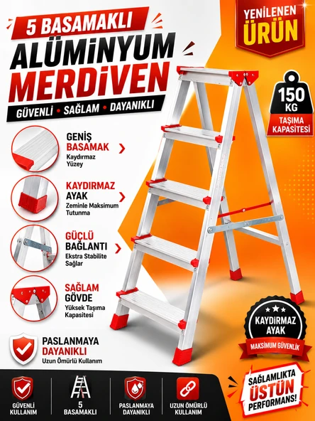 Alüminyum Çift Çıkışlı Merdiven 5 Basamak  Kaymaz Ayaklı  Ev Tipi Merdiven ürün görseli 1