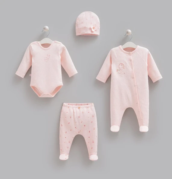 Caramell %100 Pamuk 4lü Tulumlu Rose Bonny Set 0-3 Ay 50-56 cm Pembe CRML.ZK2525.PMB ürün görseli 1