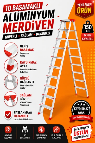Alüminyum Çift Çıkışlı Merdiven 10 Basamak  Kaymaz Ayaklı  Ev Tipi Merdiven ürün görseli 1