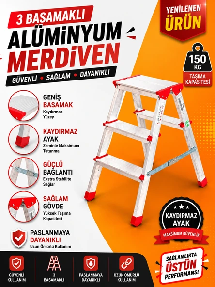 Alüminyum Çift Çıkışlı Merdiven 3 Basamak  Kaymaz Ayaklı  Endüstriyel Tip ürün görseli 1
