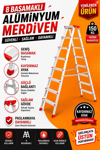 Alüminyum Çift Çıkışlı Merdiven 8 Basamak  Kaymaz Ayaklı Ev Tipi Merdiven ürün görseli 1