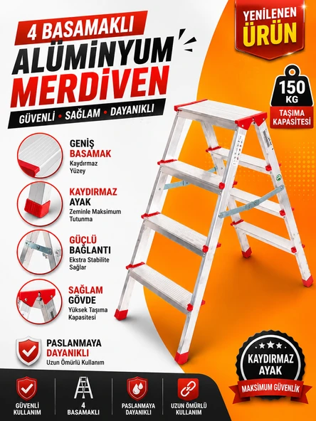 Alüminyum Çift Çıkışlı Merdiven 4 Basamak Kaymaz Ayaklı Ev Tipi Merdiven ürün görseli 1