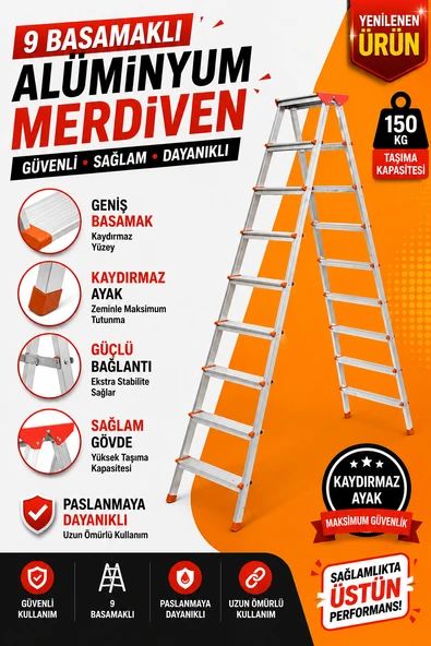 Alüminyum Çift Çıkışlı Merdiven 9 Basamak  Kaymaz Ayaklı Endüstriyel Tip ürün görseli 1
