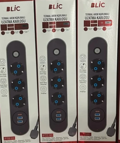 Ftr-01 3 Priz / 2 USB  1 TYPCE Girişli Termal Akım Korumalı Priz 2m ürün görseli 1