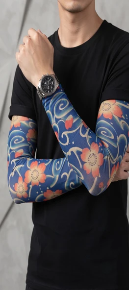 Erkek Giyilebilir Geçici Kol Dövmesi 1 Çift Tam Kol Tattoo Sleeve – Gerçekçi Tribal Kuru Kafa Alev Desenli Esnek Dövme Kolluğu FRN01 ürün görseli 1