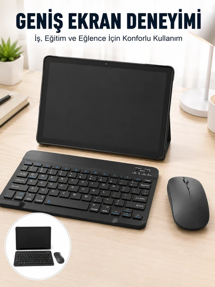 Android İşletim Sistemli Sım Kart Girişli Tablet Bluetooth Klavye Mouse Seti Mobil İnternet Destekli ürün görseli 1