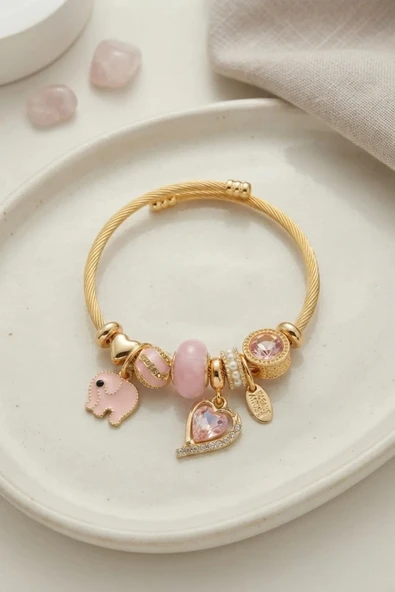 Kalp ve Fil Model Pembe Charmlı Bileklik ürün görseli 1