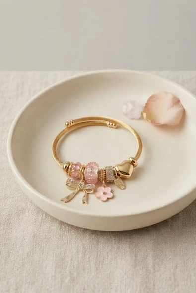 Fiyonk Charmlı Pembe Renk Gold Bileklik ürün görseli 1