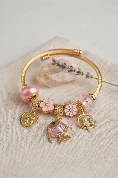 Balık Charmlı Pembe Renk Gold Bileklik ürün görseli 1