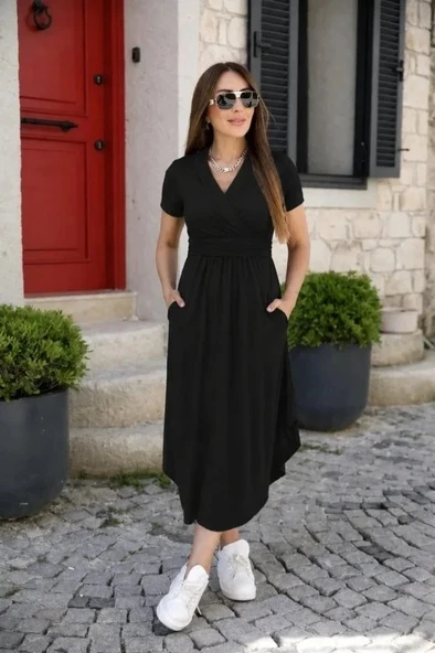 Kadın Kısa Kollu Hakim V Yaka Viskon Elbise ürün görseli 1