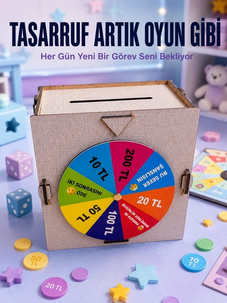 Para Biriktirme Challenge Kutusu Eğlenceli Şans Çarkı Ahşap Tasarruf Kumbarası ürün görseli 1