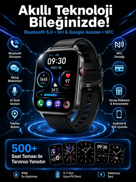 Akıllı Saat Tema Değiştirme Uyku Ve Sağlık Takibi Sesli Asistan Bildirim Görme Yeni Nesil ürün görseli 1