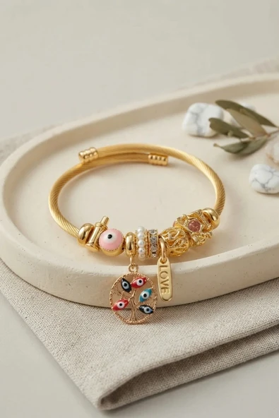 Pembe Nazar Detaylı Ağaç Charmlı Bileklik ürün görseli 1