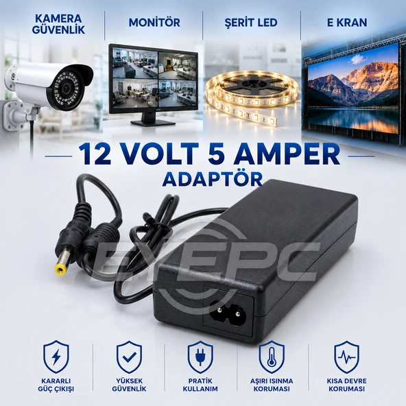 12 VOLT 5 AMPER ŞERİT LED KAMERA DVR MONİTÖR ADAPTÖRÜ ürün görseli 1