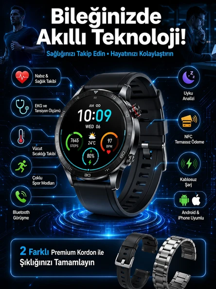 Çift Kordonlu Yüksek Çözünürlüklü Akıllı Saat Uyku İzleyici & Spor Modları ürün görseli 1