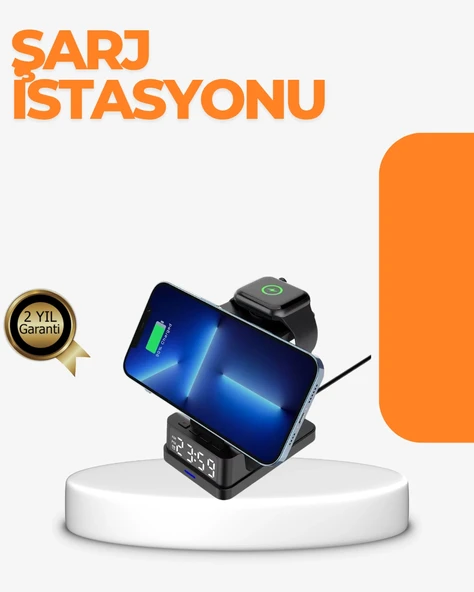 4’Ü 1 Arada Kablosuz Şarj İstasyonu – Led Saat Ekranlı, Apple Uyumlu, Akıllı Güvenlik Koruması ürün görseli 1