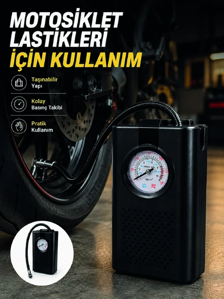 Araç Lastik Şişirme Pompası Taşınabilir Analog Basınç Göstergeli Hava Kompresörü ürün görseli 1