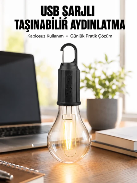 Şarjlı Dekoratif Kamp Lambası Askılı Ampul Led Işık Type-C Girişli ürün görseli 1