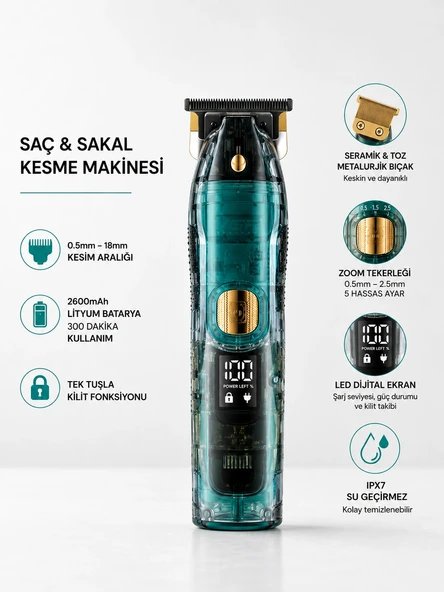 Saç Ve Sakal Kesme Makinesi Led Ekranlı Profesyonel 5 Adet Uzunluk Ayarı ürün görseli 1