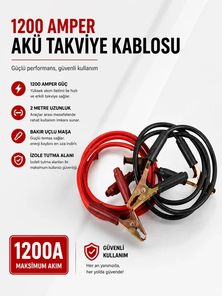 1200 Amper Akü Takviye Kablosu 2 Metre Bakır Uçlu ürün görseli 1