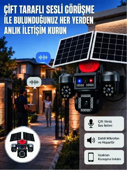 Led Projektörlü Sirenli Güneş Enerjili Akıllı Güvenlik Kamerası ürün görseli 1