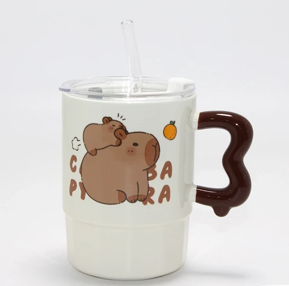 Sevimli Capybara Figürlü Kapaklı Porselen Kupa Bardak Alk5040 ürün görseli 1