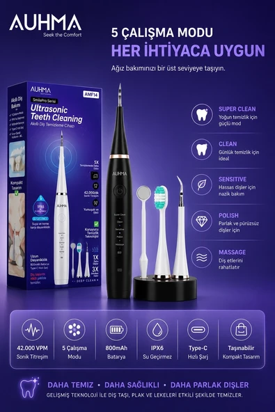 Ultrasonic Şarjlı Elektrikli Akıllı Diş Temizleme Cihazı Beyazlatıcı 5 Mod 3+1 Başlık, Ipx8 Su Geçirmez Siyah ürün görseli 1
