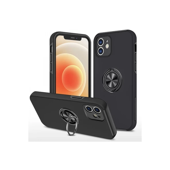 İphone 12 Kılıf Elit Yüzüklü Kapak - Siyah ürün görseli 1